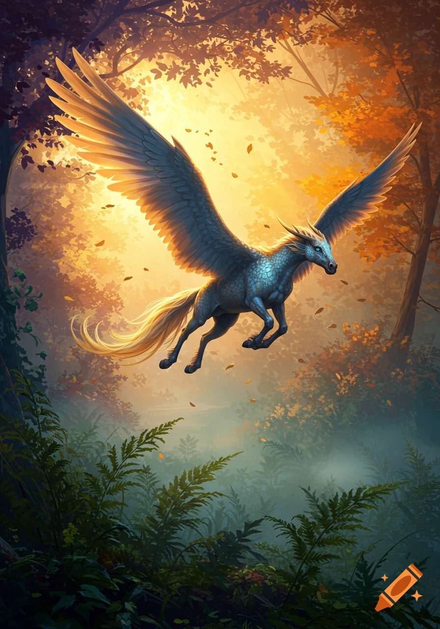 A majestic blue winged horse, resembling a Pegasus, soars through a sunlit, autumnal forest, bathed in warm golden light.