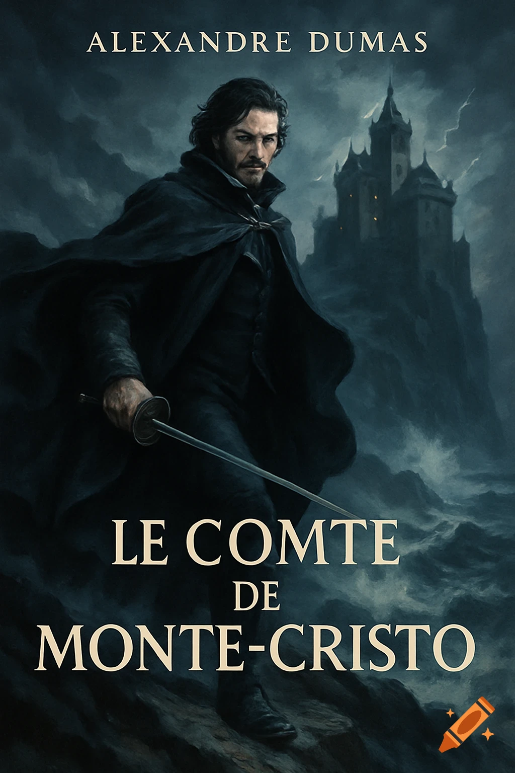 Dramatic book cover art of a man in a dark cloak with a sword before a stormy sea and a dark castle. Text reads Alexandre Dumas, Le Comte de Monte-Cristo.