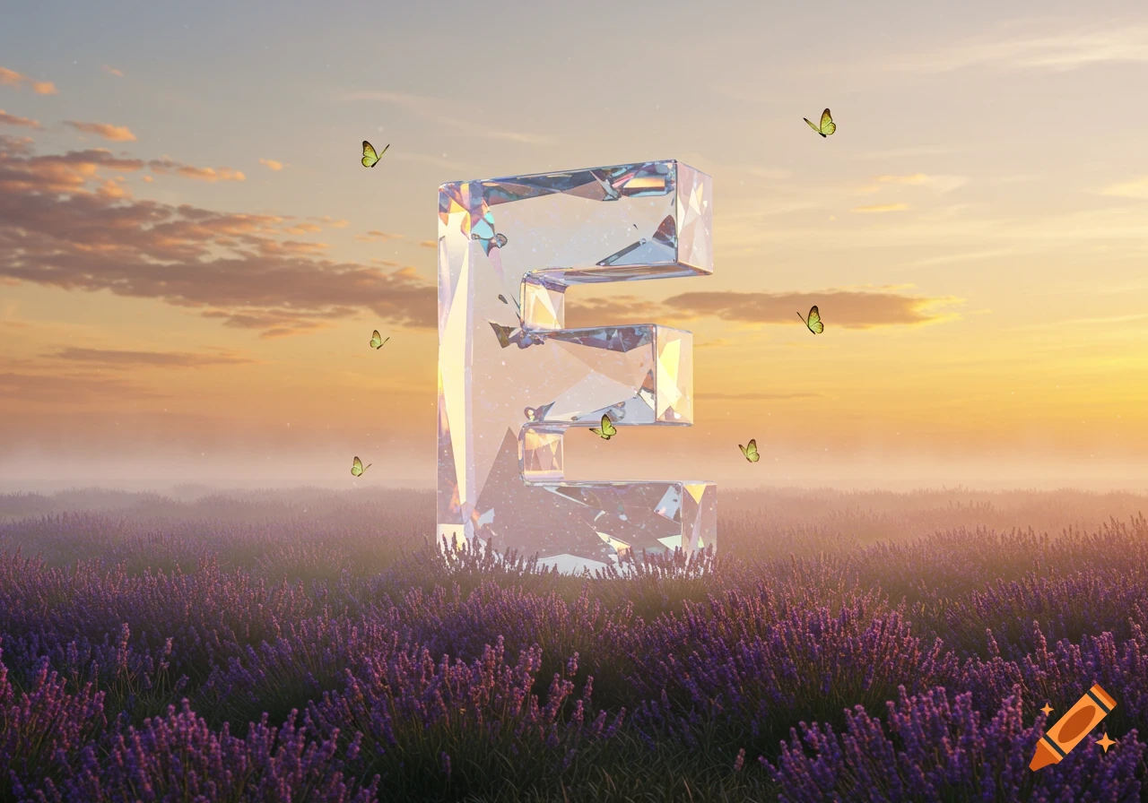 A huge crystal letter 'E' stands in a lavender field at sunset, with butterflies fluttering around it.