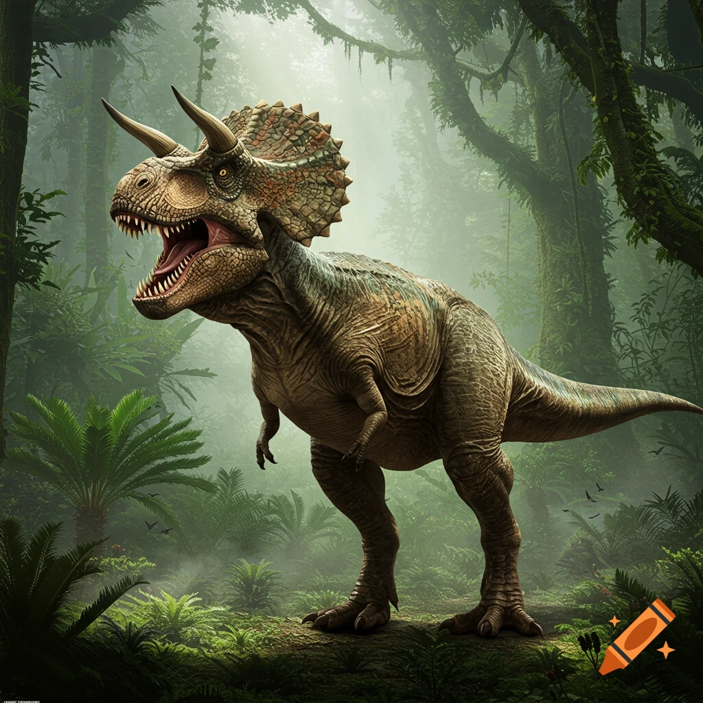 A powerful dinosaur hybrid of a T-rex and Triceratops roars in a misty, lush green jungle. Photorealistic.