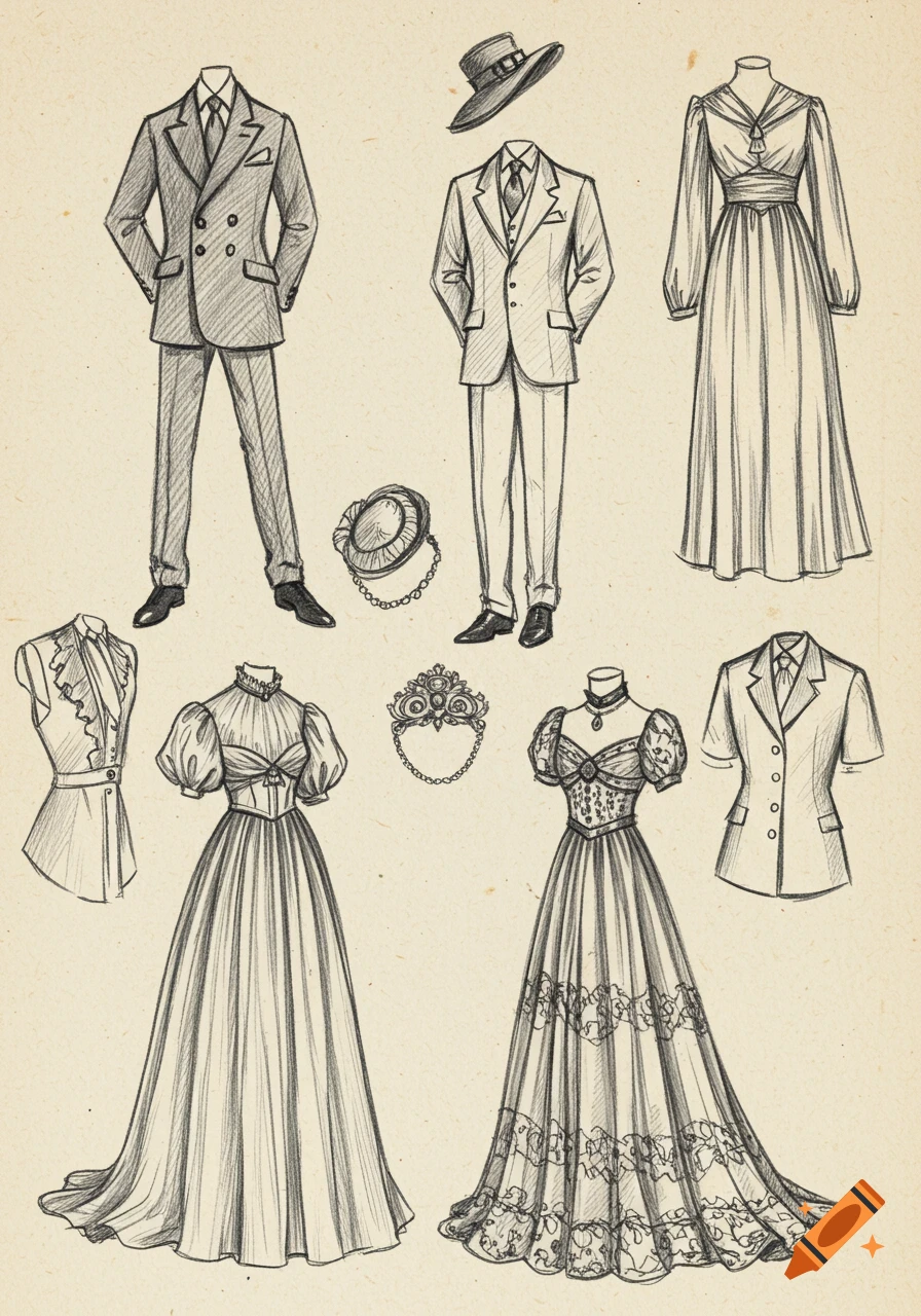 Pencil sketches of various old-fashioned clothing items including men's suits, women's dresses, hats, and a tiara, on a textured background.