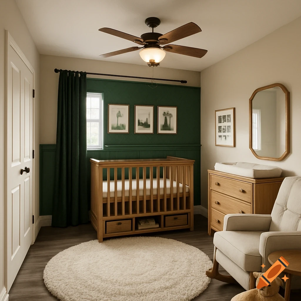 A cozy baby nursery with a green accent wall, wooden crib, changing station, cream rocking chair, and a shag rug.