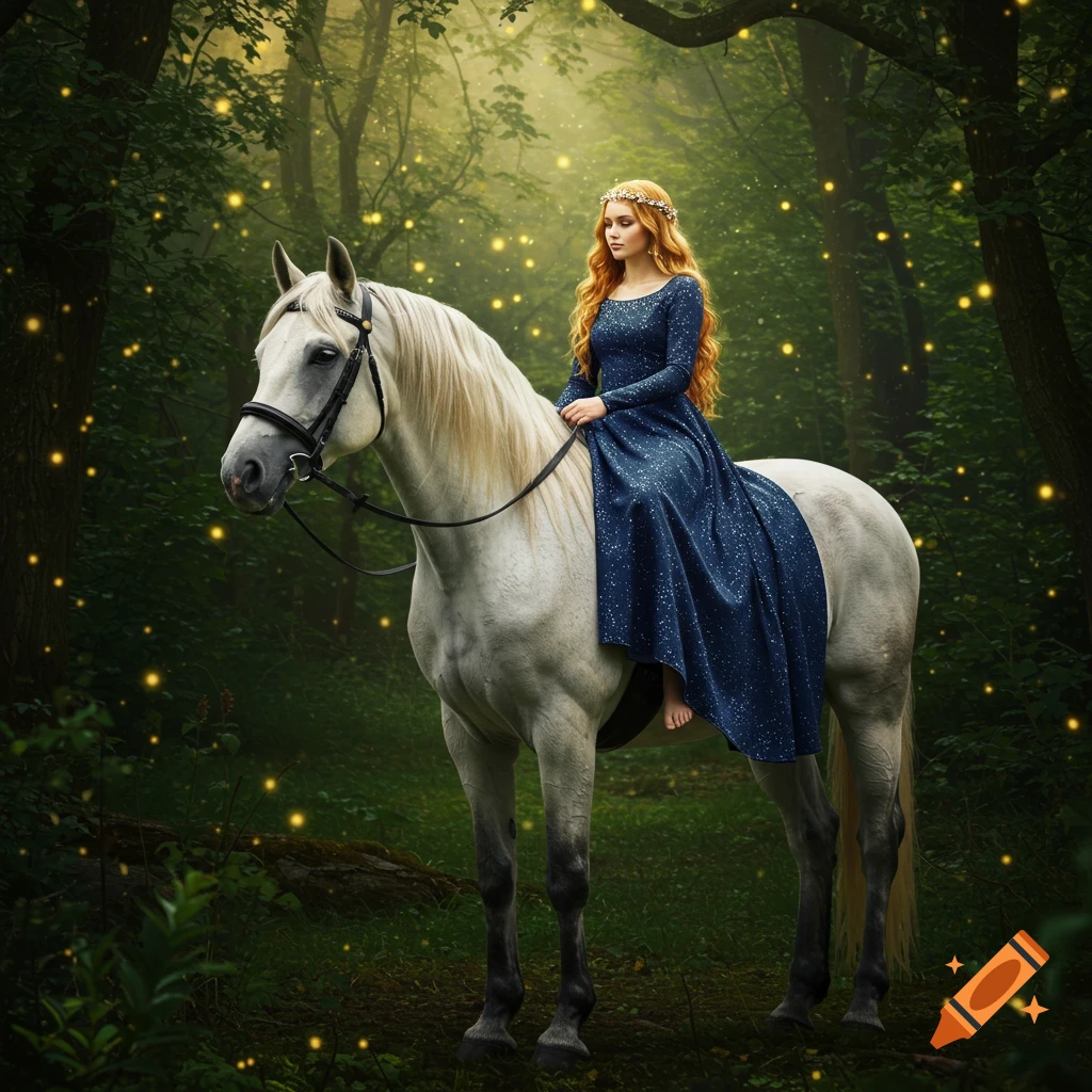 A red-haired princess in a blue gown rides a white horse through a magical forest with glowing fireflies.