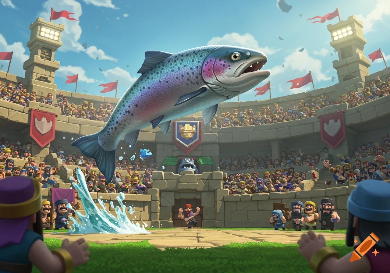 A large rainbow trout jumps out of water in a cartoon Clash Royale arena filled with spectators.