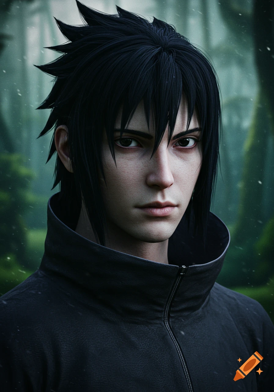 Photorealistic portrait of Sasuke Uchiha with spiked black hair, wearing a high-collared black jacket, in a misty forest.