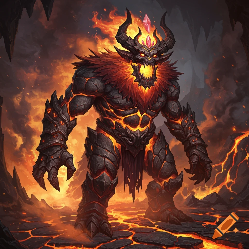 A powerful molten earth elemental with horns, glowing eyes, jagged teeth, and armored bracers stands in a fiery volcanic landscape.