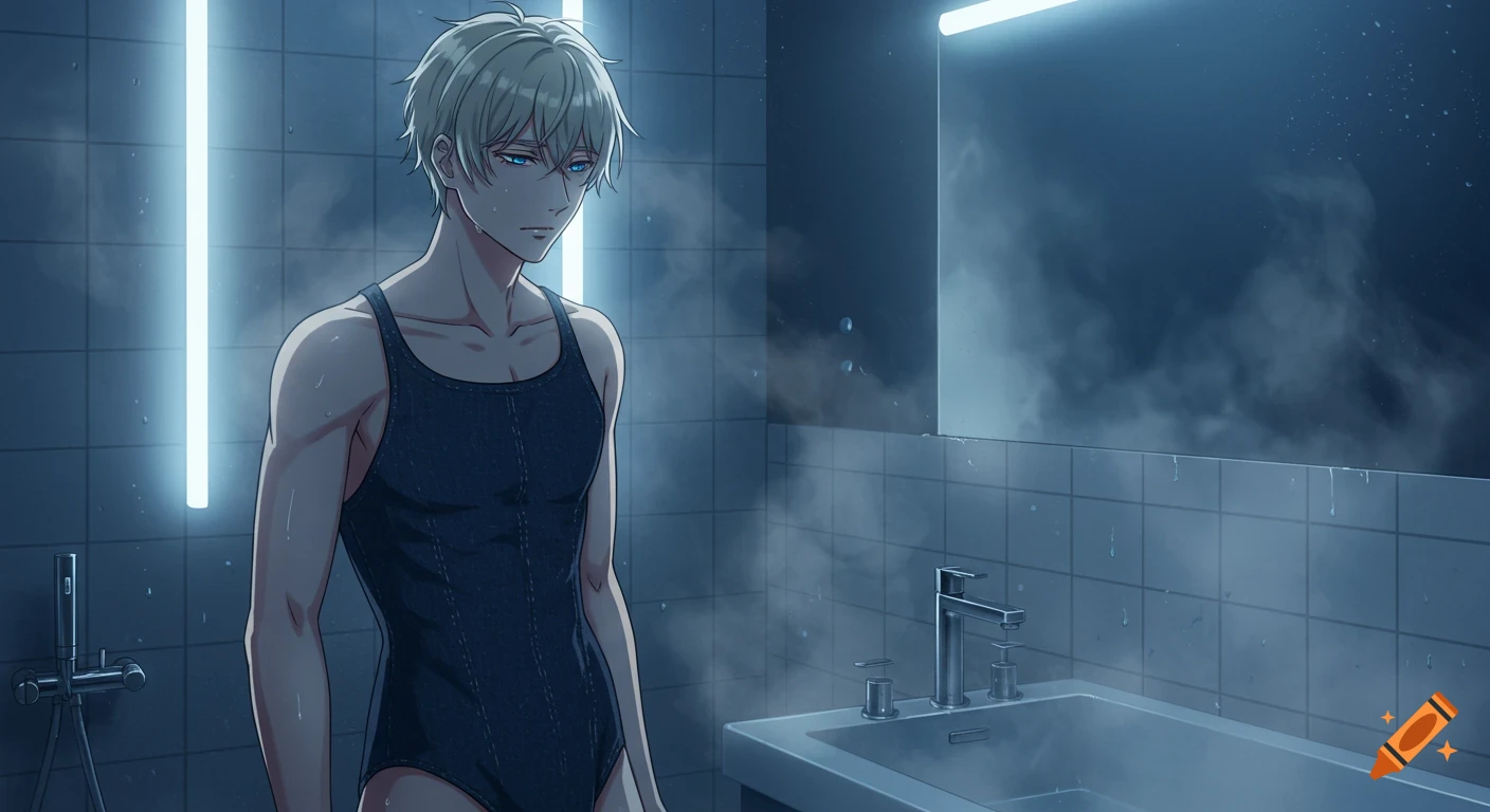 An anime blonde man in a black swimsuit stands in a steamy, tiled bathroom with neon lights.