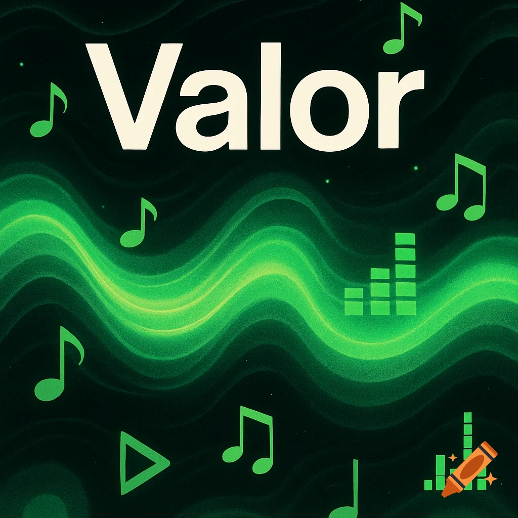 A dark green background with glowing green wavy lines. The word "Valor" is in white, surrounded by green musical notes, a play button, and equalizer bars, resembling a Spotify theme.