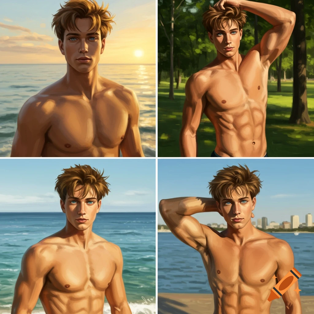 Four digital art portraits of a muscular man with blue eyes and brown hair, shirtless in various outdoor settings like beaches and a park.