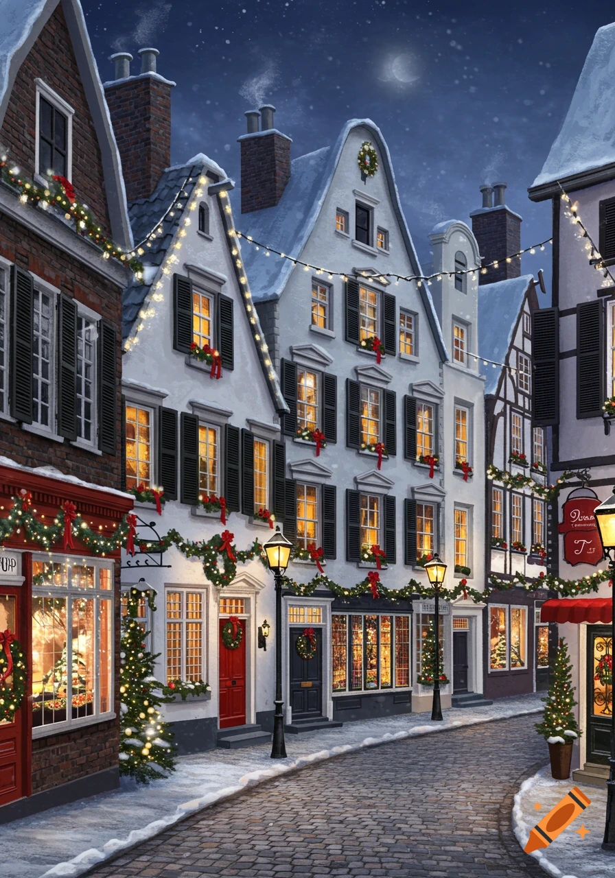 A charming, snowy cobblestone street lined with European-style houses decorated for Christmas under a moonlit sky.