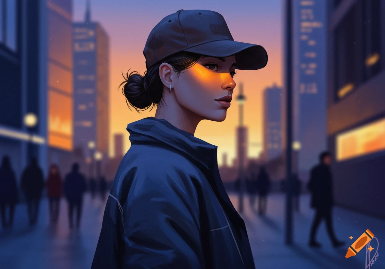 Illustration of a woman in a baseball cap and jacket, looking right, with golden light on her face against a blurred city sunset background.