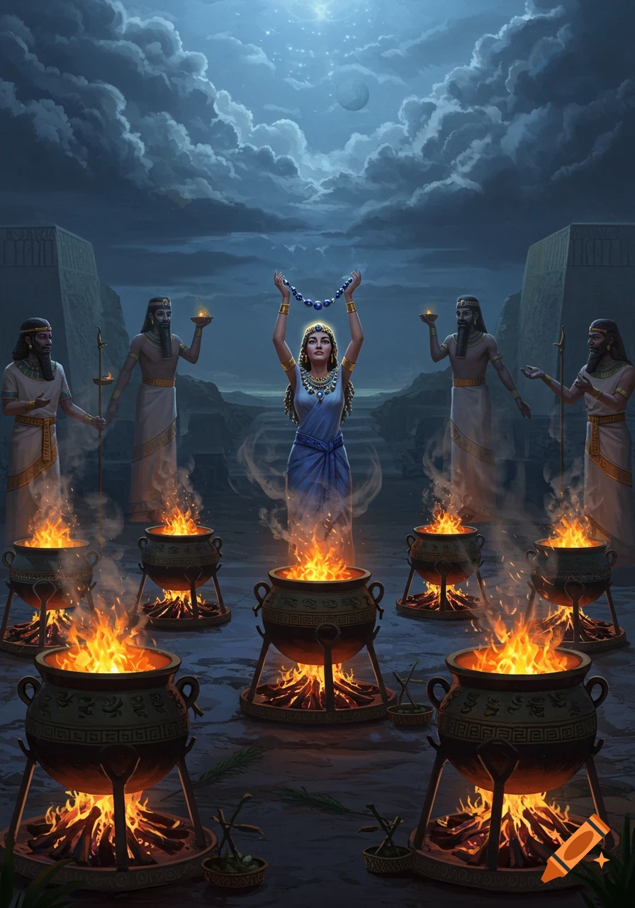 A woman in ancient attire raises a beaded necklace amidst men and numerous flaming cauldrons under a moonlit, cloudy sky, with temples in the background.