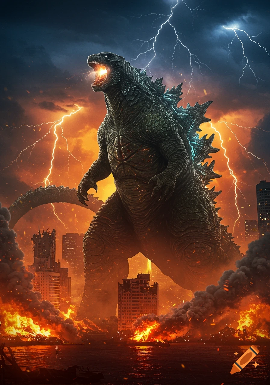 Photorealistic depiction of Godzilla roaring amidst a burning city under a lightning-filled sky.