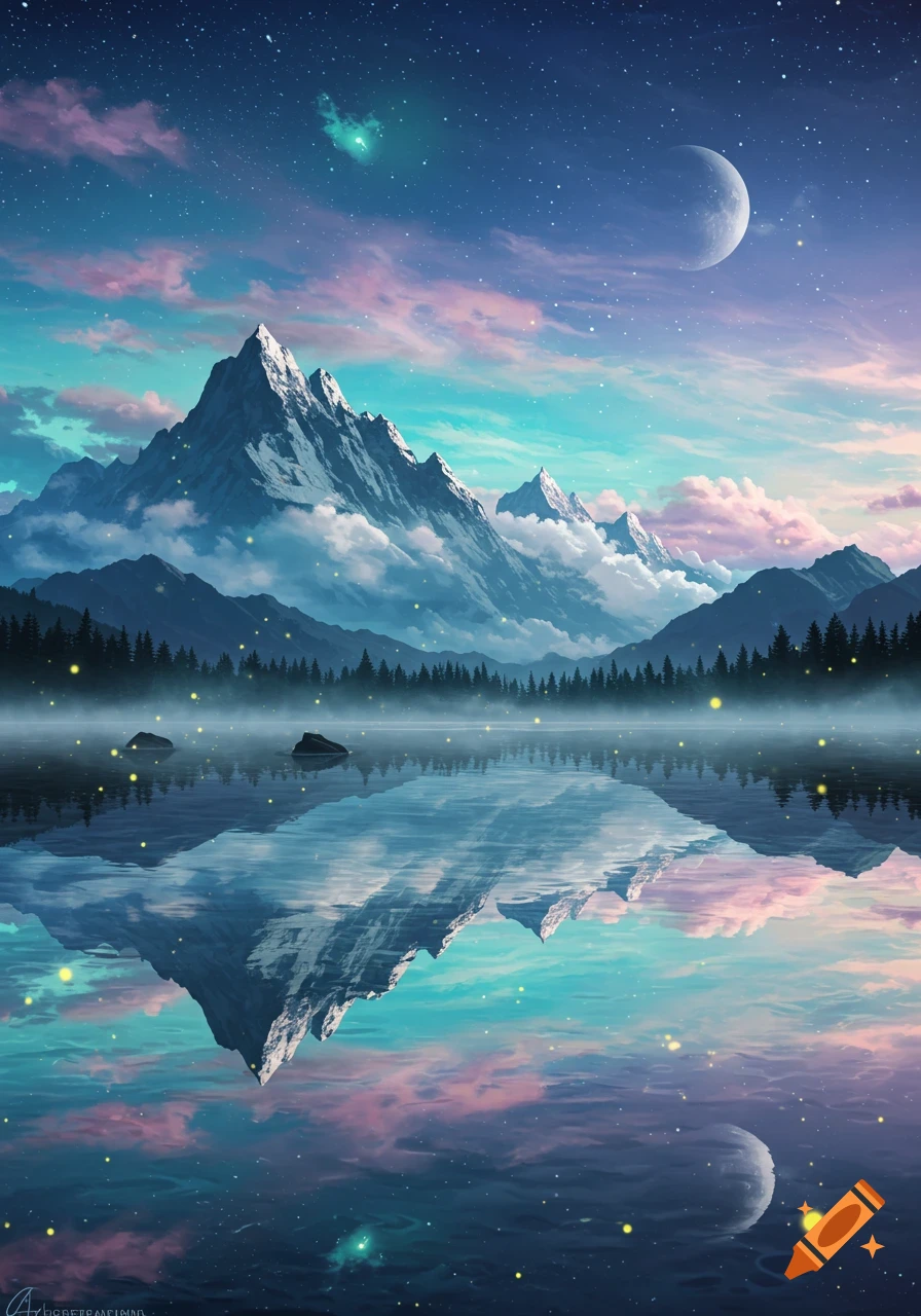 A breathtaking fantasy landscape with snow-capped mountains reflected in a lake under a starry sky with a crescent moon and colorful clouds.