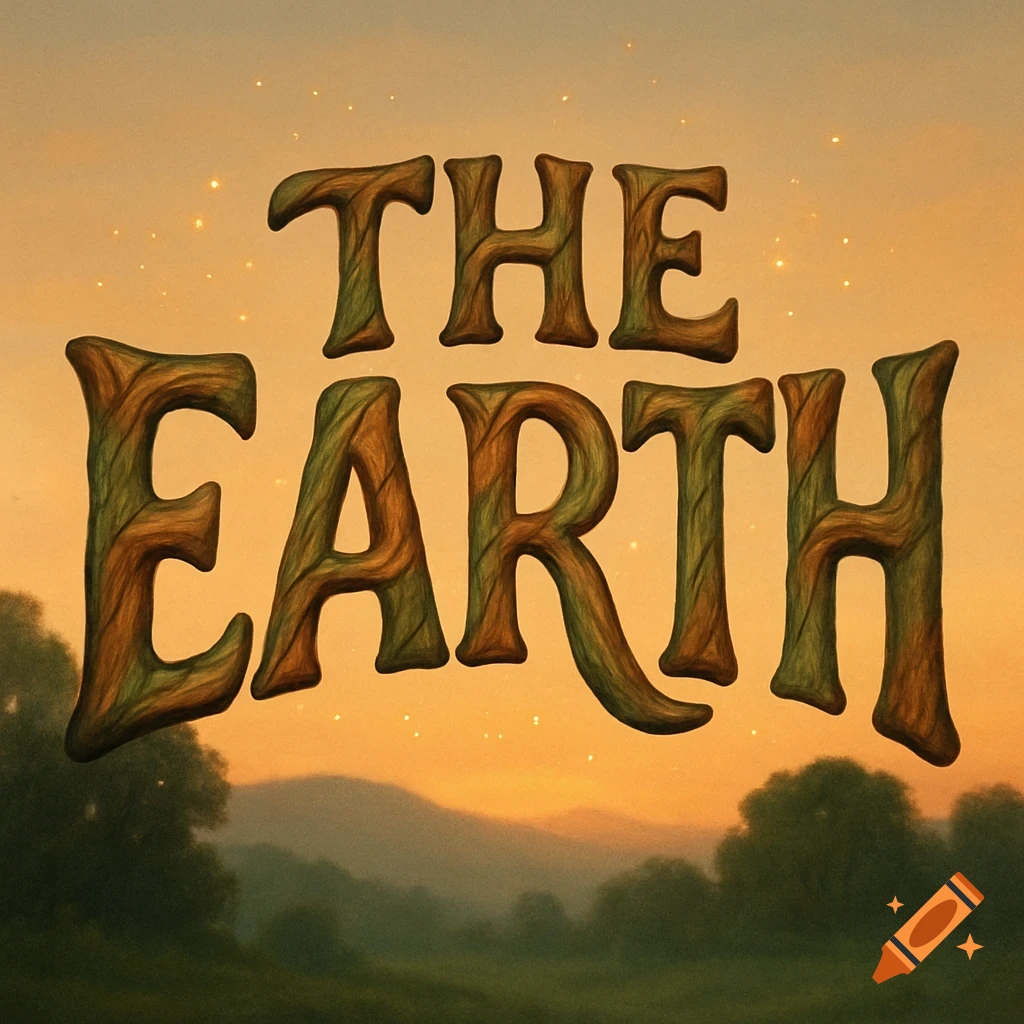 The phrase "THE EARTH" in curved, wood-textured letters with subtle sparkles, set against a misty, orange sunset landscape.