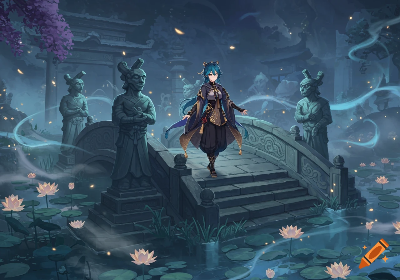 A male character with blue hair and dark traditional clothing walks on a stone bridge over a lotus pond in a mystical night garden, anime style.