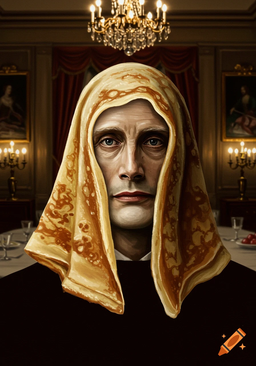 A painted portrait of a man resembling Mads Mikkelsen, with a crêpe draped over his head like a hood, revealing his eyes, in a formal dining room.