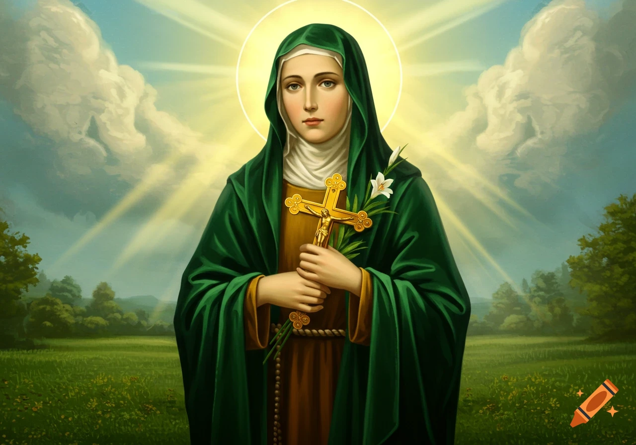 A portrait of a saint in a green hooded cloak holding a golden cross and white lilies, with a halo and a sunny, cloudy sky over a green field.