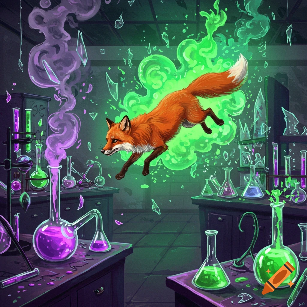 A vibrant illustration of an orange fox leaping through a chemistry lab, surrounded by purple smoke, green glowing energy, and shattered glass.