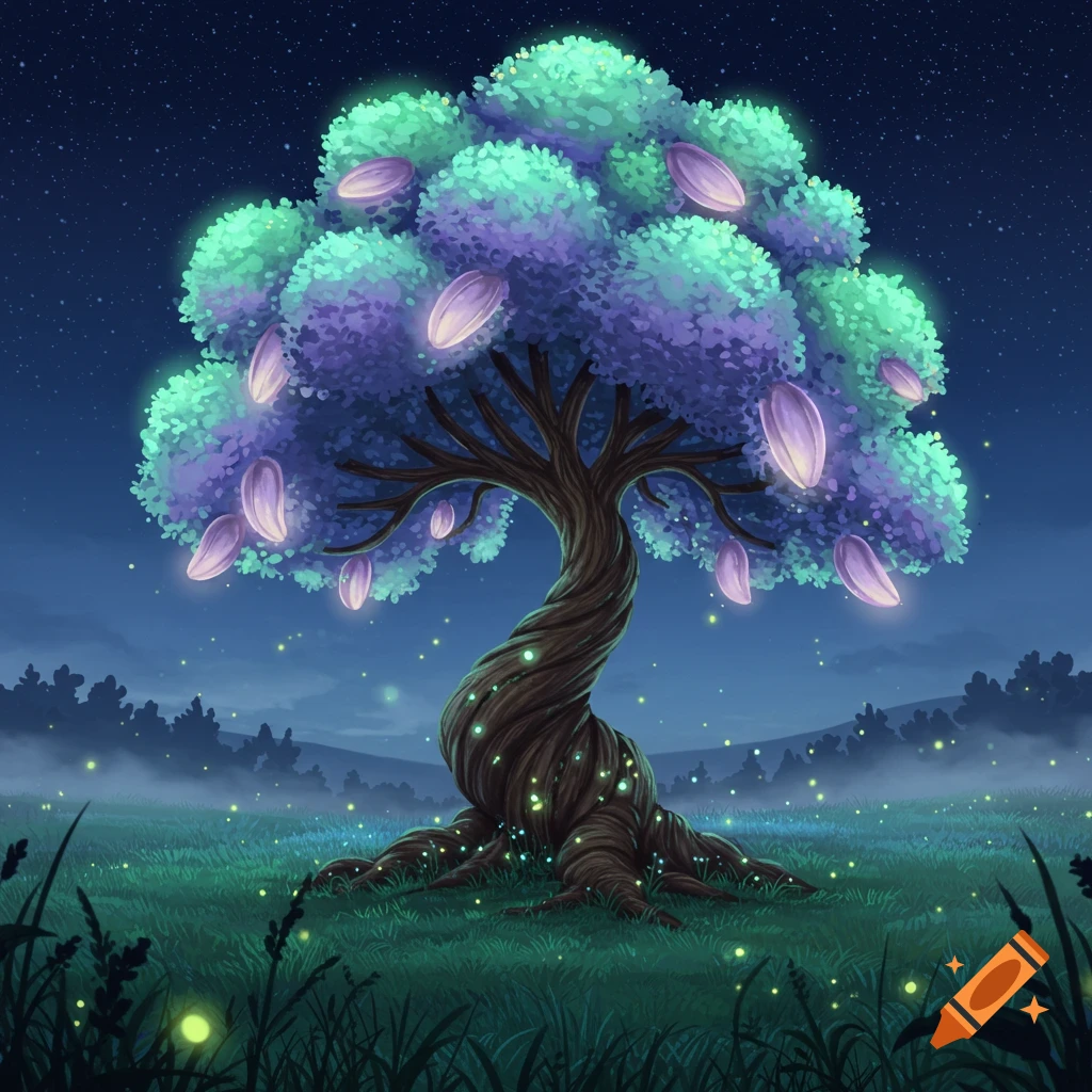 A whimsical illustration of a glowing fantasy tree with purple and teal leaves, pink petals, and fireflies in a dark field at night.
