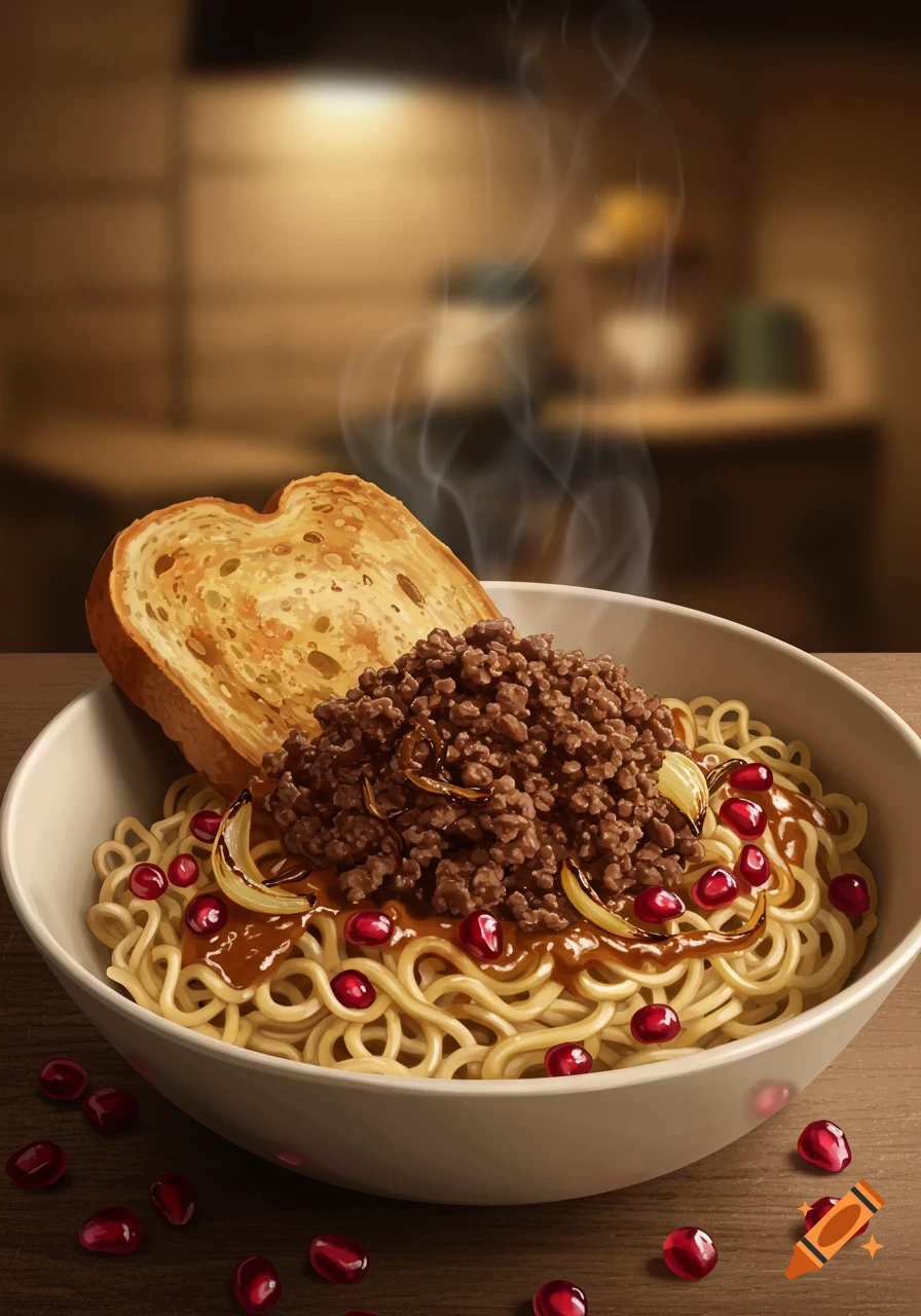 A steaming bowl of noodles topped with minced beef, brown sauce, grilled onions, and pomegranate seeds, with toasted bread on the side.