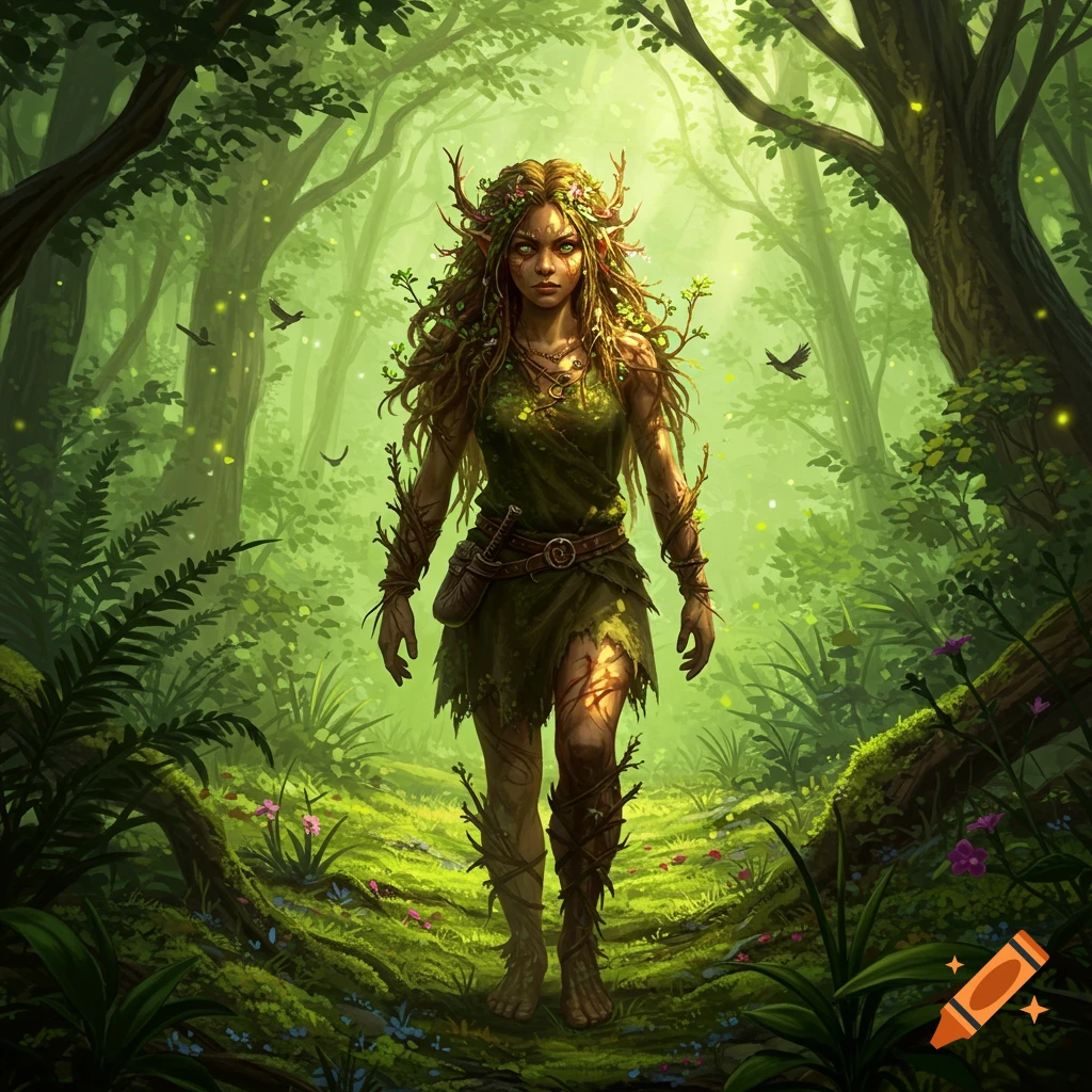 A nature-connected woman with plant adornments walks through a lush, green magical forest.