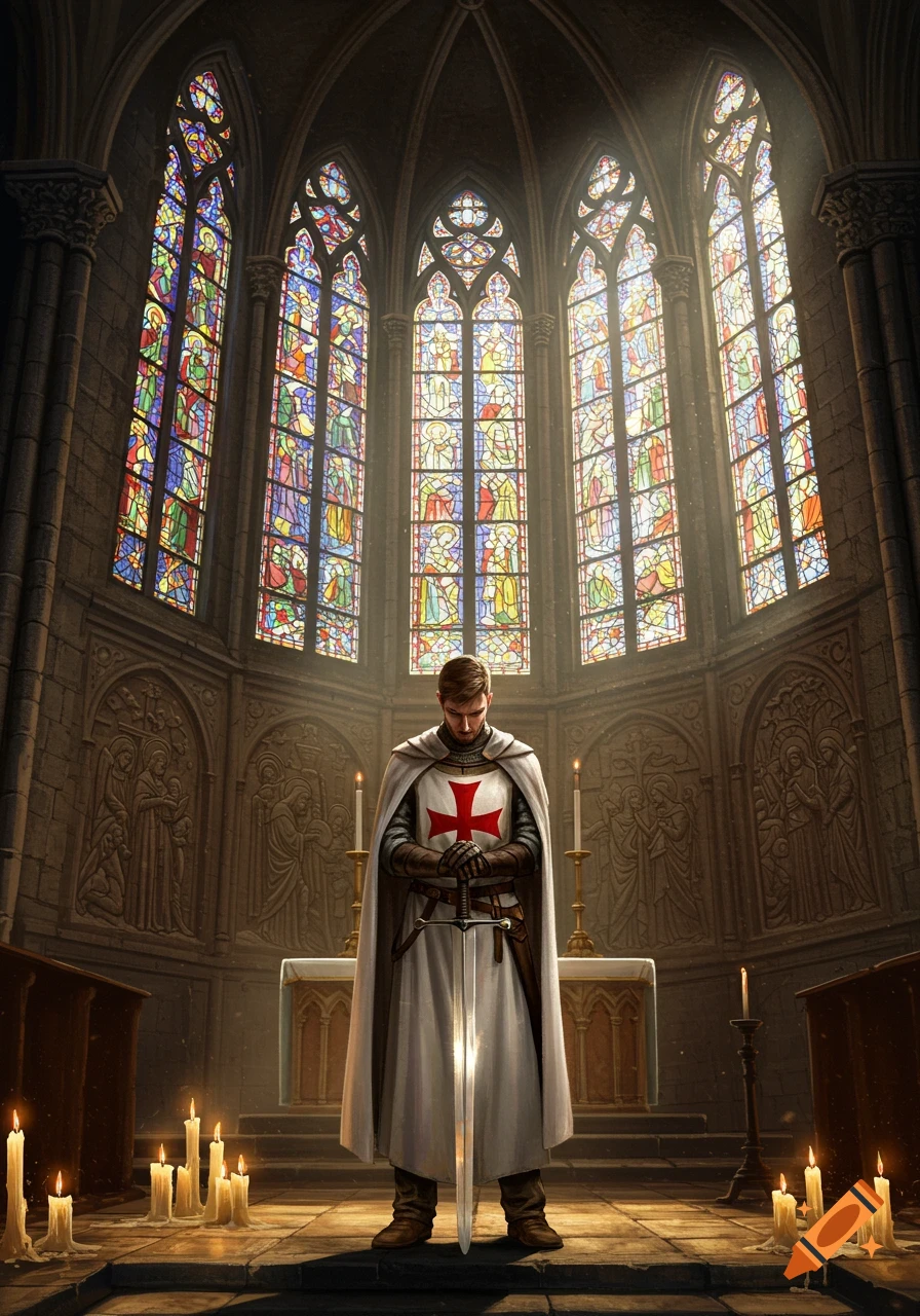 A Knight Templar in a white tunic with a red cross stands reverently in a gothic church bathed in light from stained glass windows.