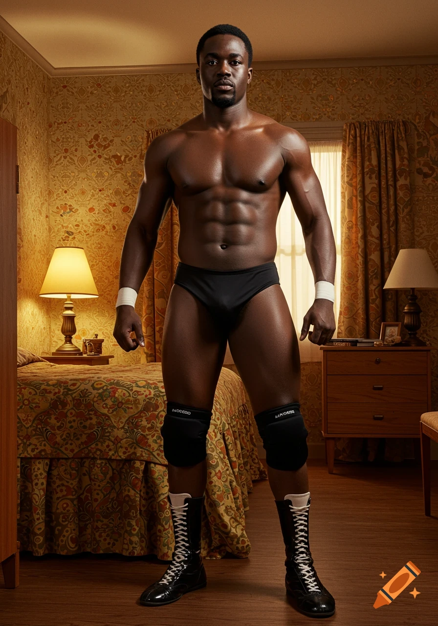 A muscular Black wrestler in black briefs, boots, and knee pads poses in a 1960s-style bedroom.