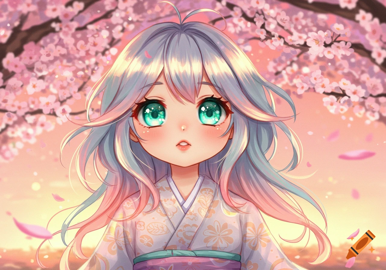 A cute anime girl with iridescent hair and big green eyes in a floral kimono stands under pink cherry blossoms.