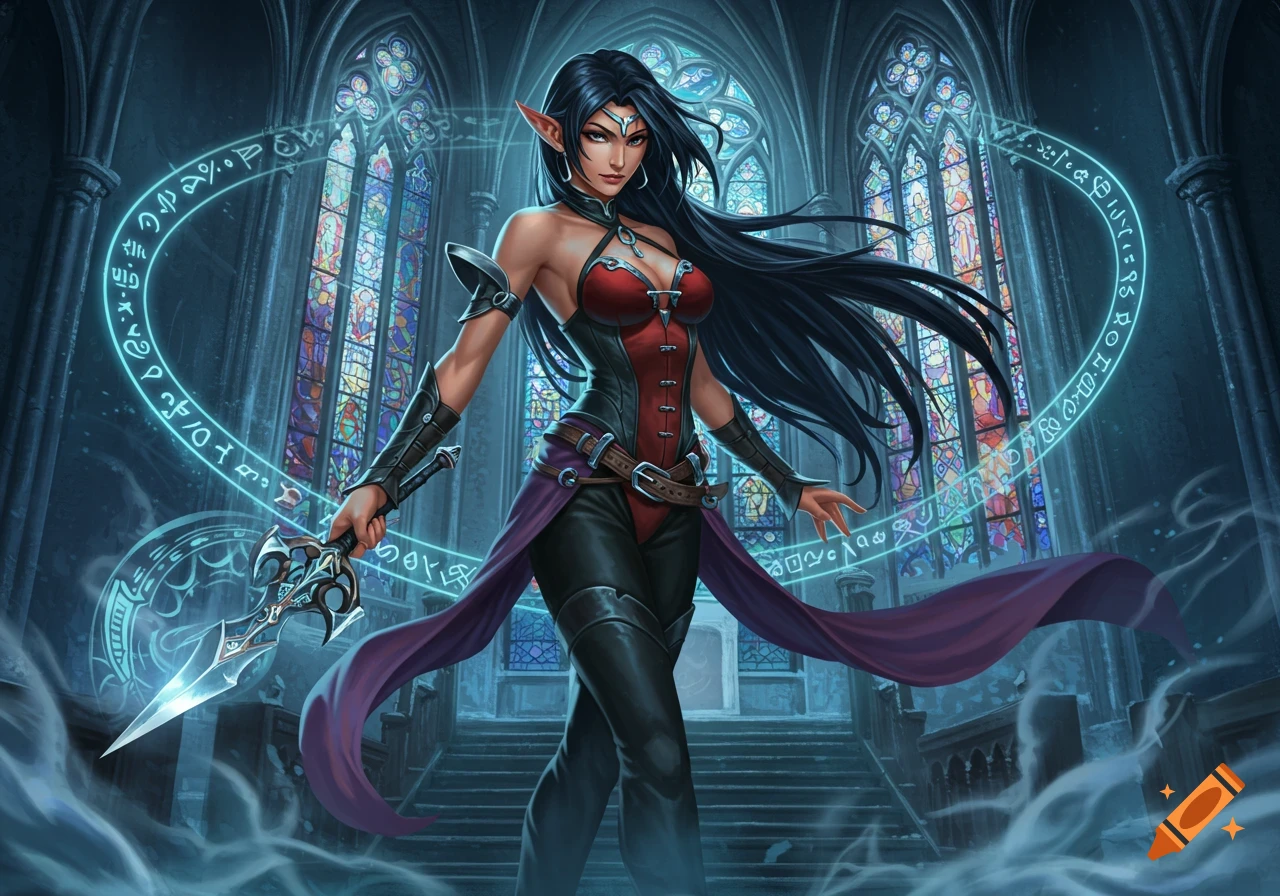 A dark-haired elf woman in a red and black outfit holds a sword, surrounded by glowing runes in a gothic cathedral.