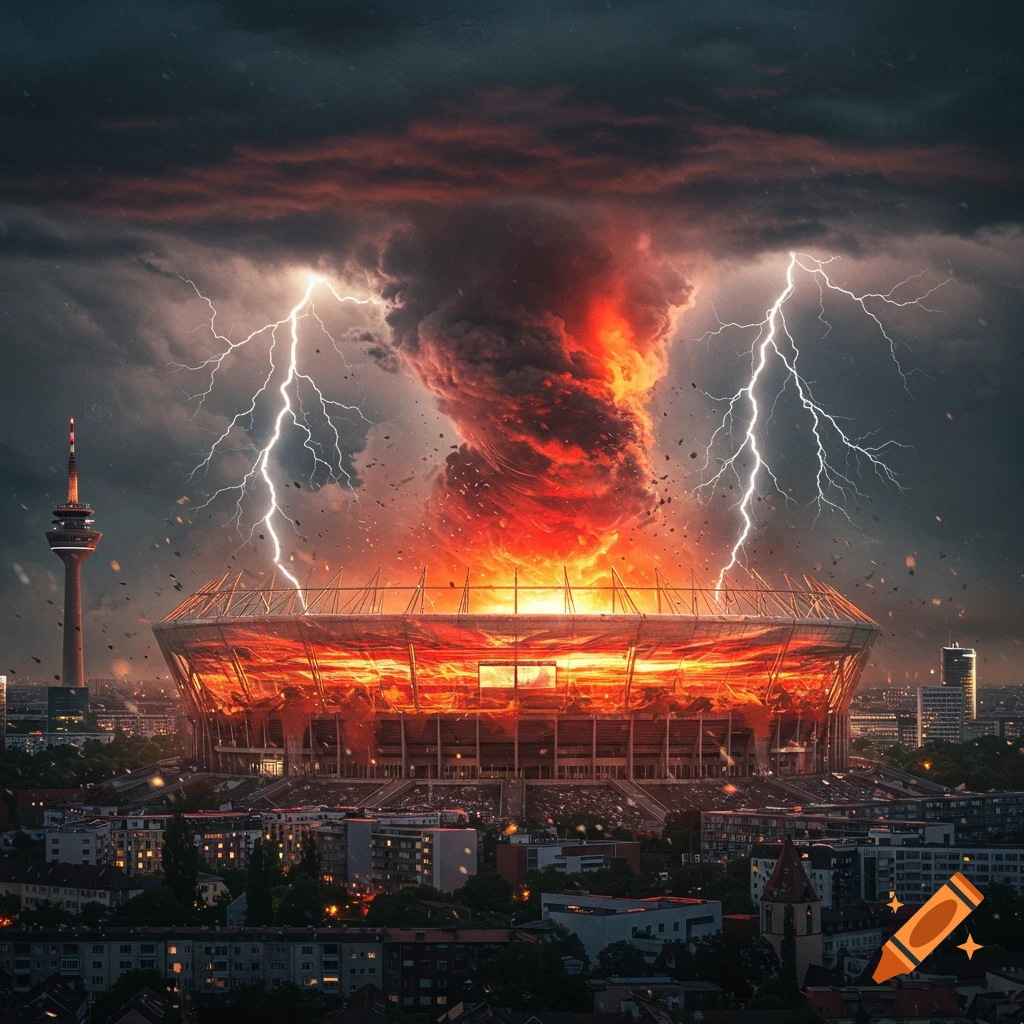 A photorealistic image of a stadium engulfed in fire, with a fiery tornado above it, amidst lightning and a dark stormy sky over a city.