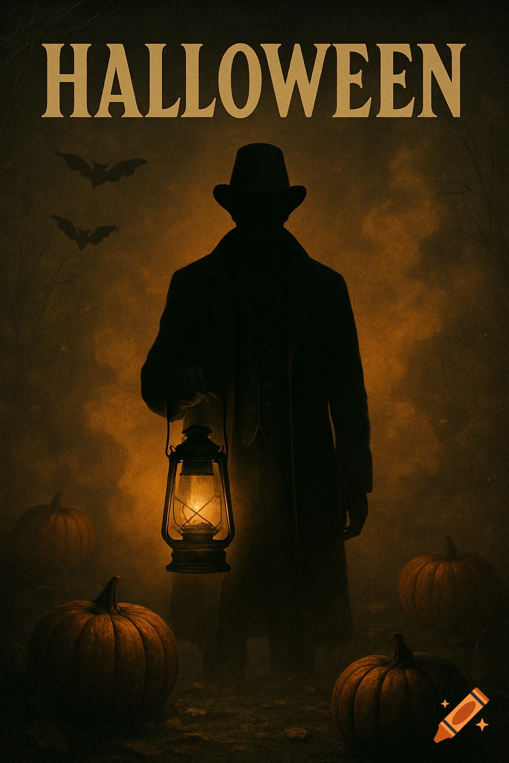 Dark Halloween poster with a silhouetted figure in a hat and coat holding a glowing lantern, surrounded by pumpkins and bats, with 'HALLOWEEN' text at the top.