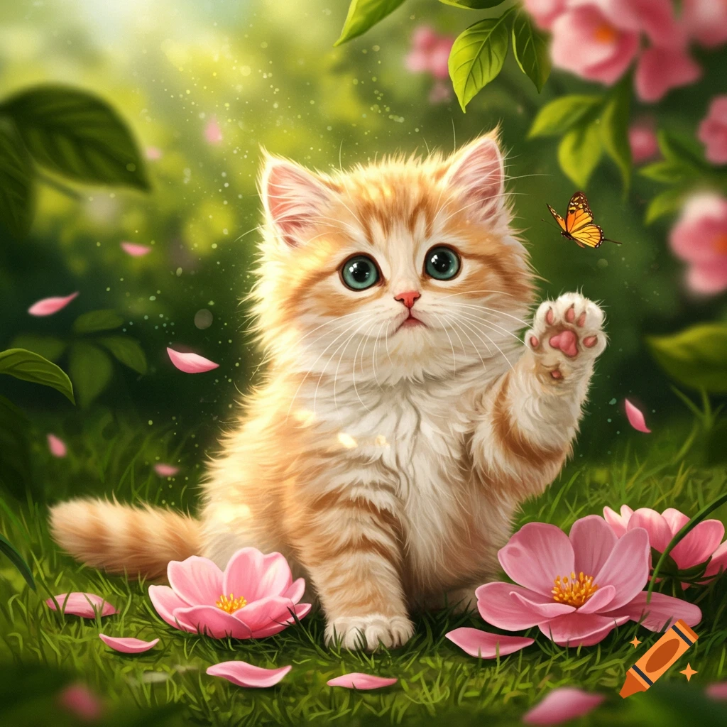 A fluffy orange and white kitten with big blue eyes raises its paw, surrounded by pink flowers and a butterfly in a vibrant, sunlit forest.