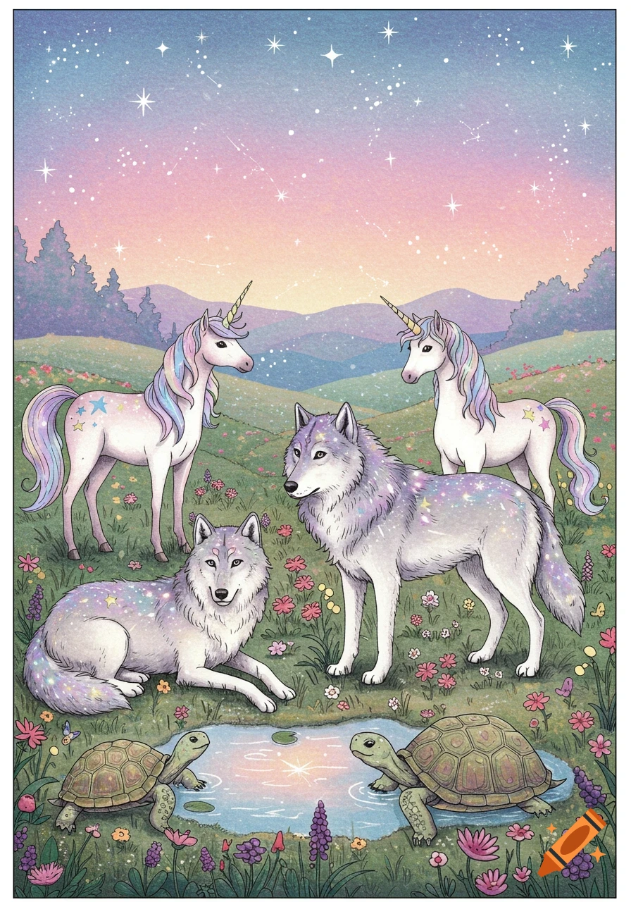 Illustrated scene of two unicorns, two wolves, and two turtles in a magical meadow under a starry pastel sky.