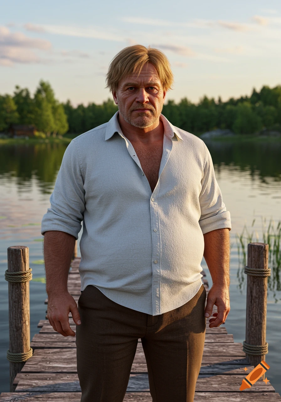 Photorealistic portrait of a middle-aged man with blond hair and a beard, standing on a wooden dock by a lake.