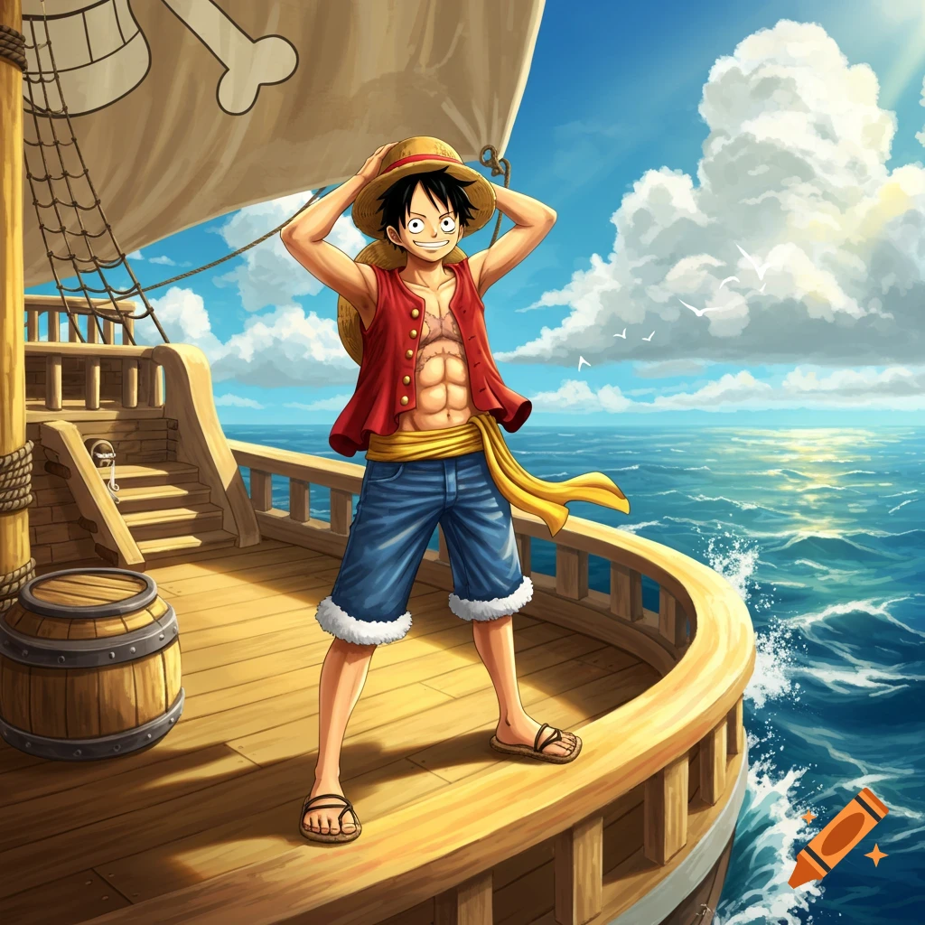 Anime illustration of Luffy from One Piece standing on a ship deck, adjusting his straw hat, with a sunny sky and ocean in the background.