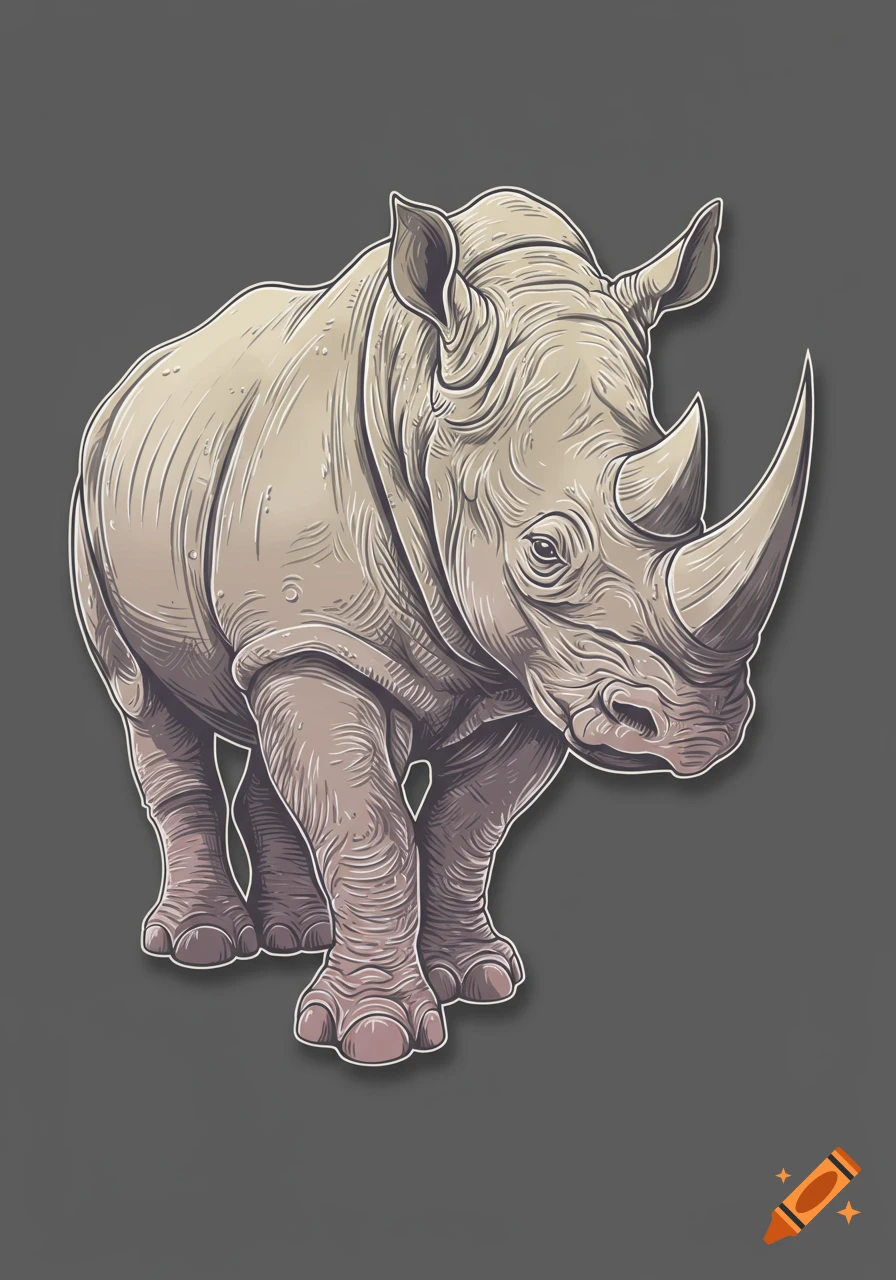 A stylized illustration of a rhinoceros with a white outline and shadow on a dark gray background.