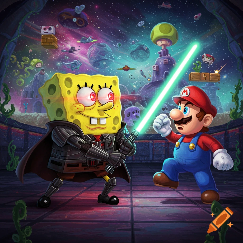 Darth SpongeBob wielding a green lightsaber against Mario in a cosmic, video game-like setting.