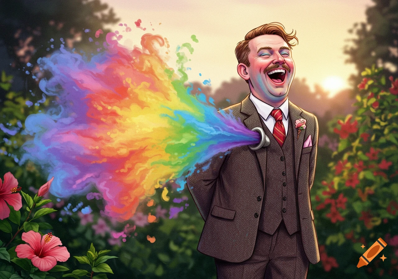 A laughing man in a suit with a vibrant rainbow explosion coming from his chest in a lush garden. Stylized illustration.
