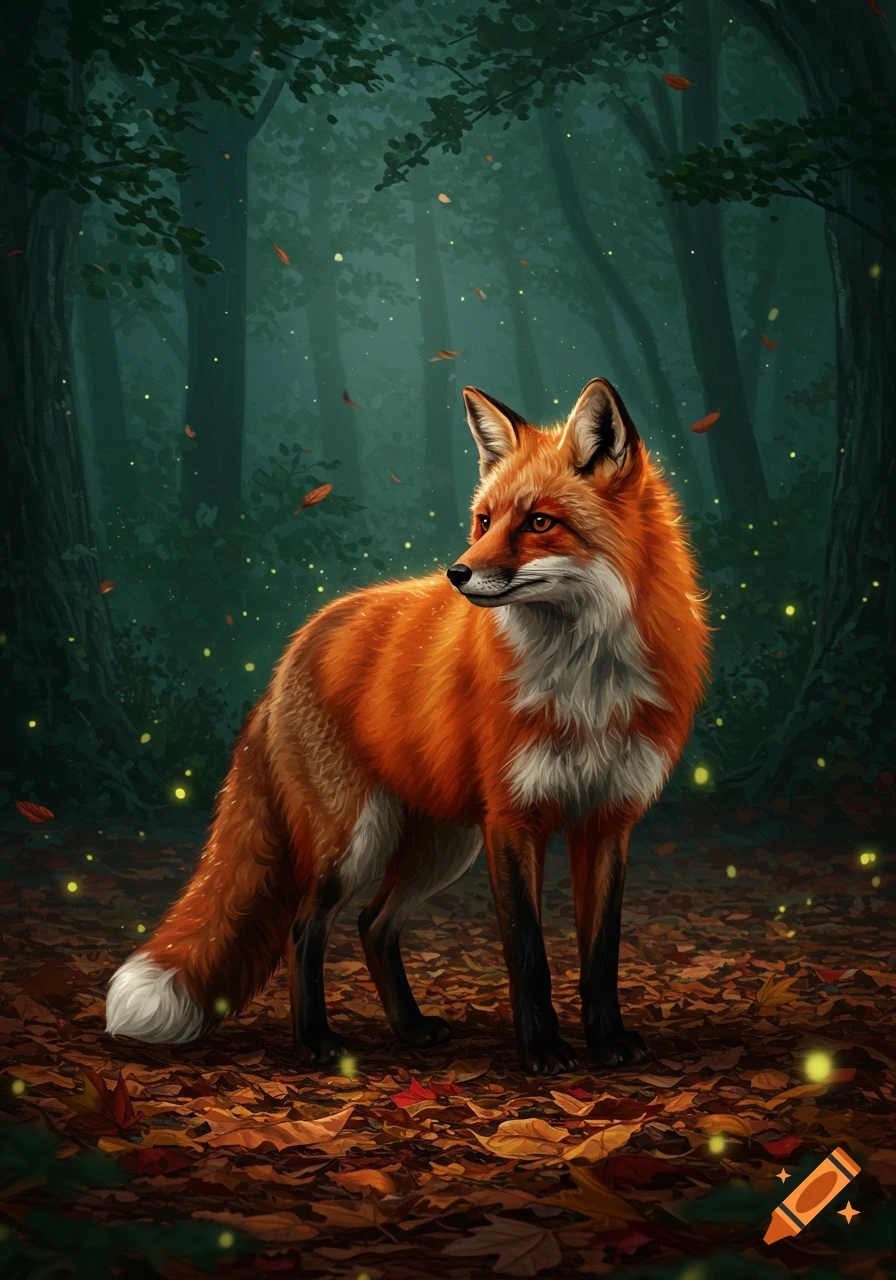 A vibrant red fox with white chest fur stands among fallen autumn leaves in a magical, glowing forest illustration.