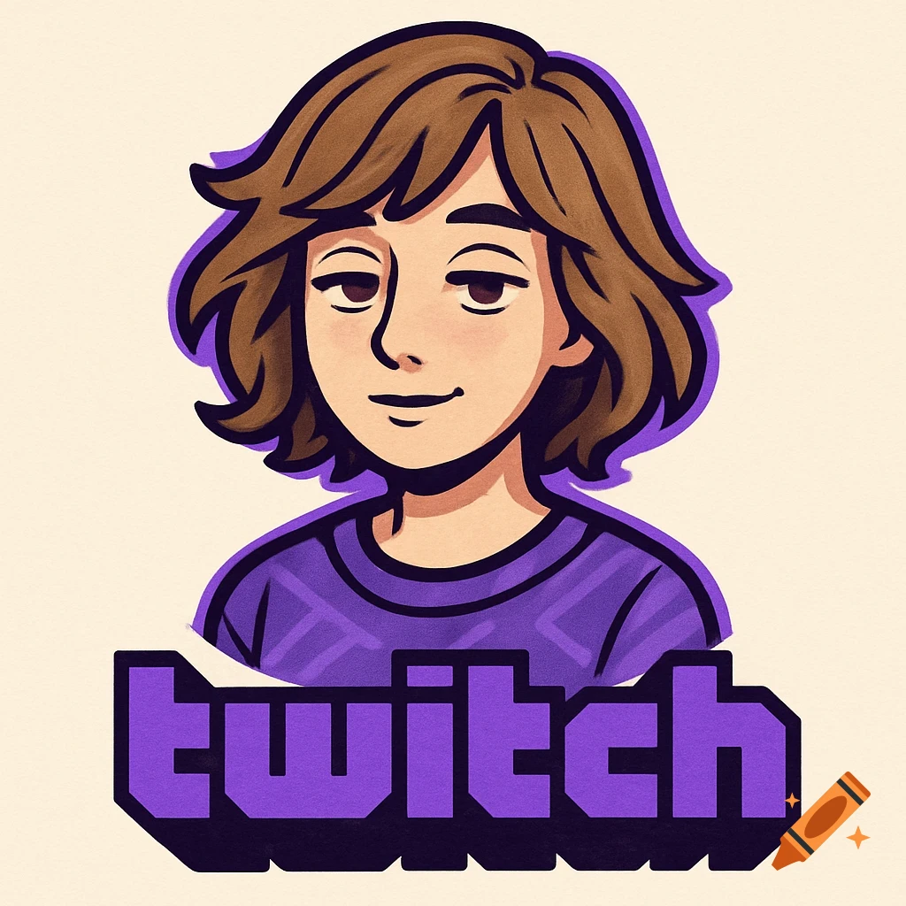 Illustrated logo of a brown-haired person with droopy eyes in a purple shirt, above purple 'twitch' text.