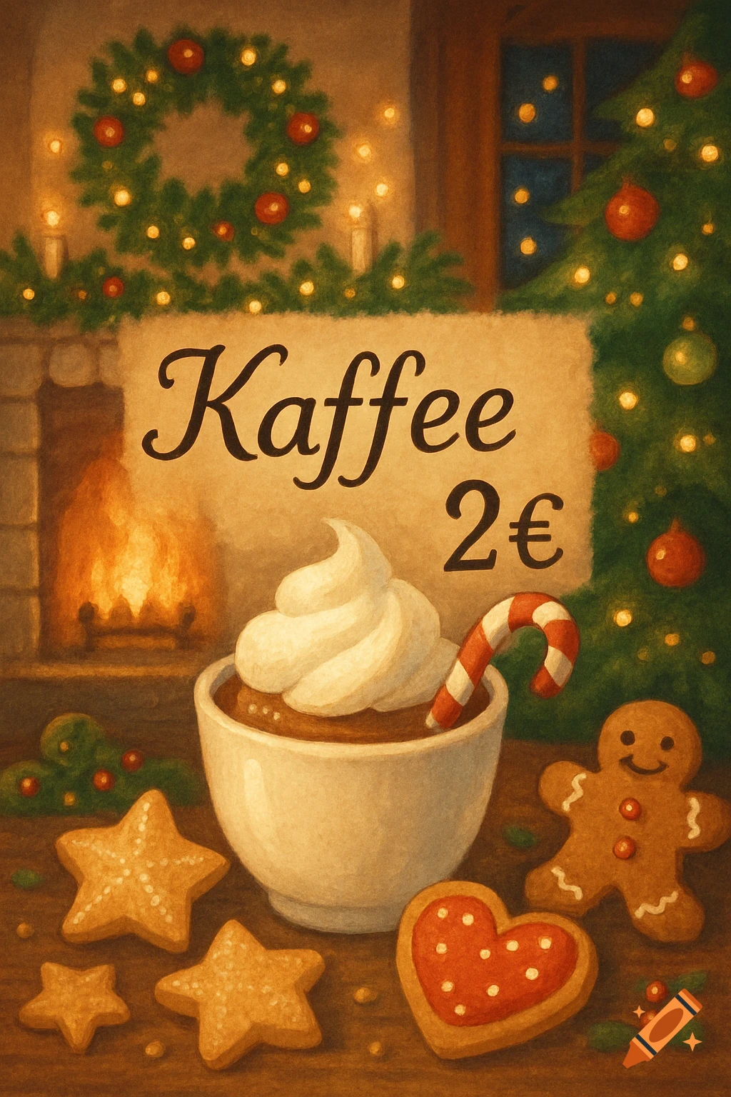 A painterly illustration of a cozy Christmas scene with hot cocoa, gingerbread cookies, a fireplace, and a sign saying 'Kaffee 2€'.