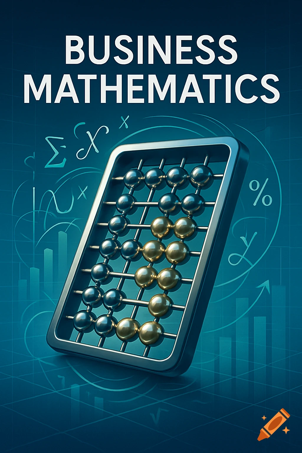 A modern illustration of an abacus with 'BUSINESS MATHEMATICS' text, surrounded by math symbols and bar graphs on a blue background.