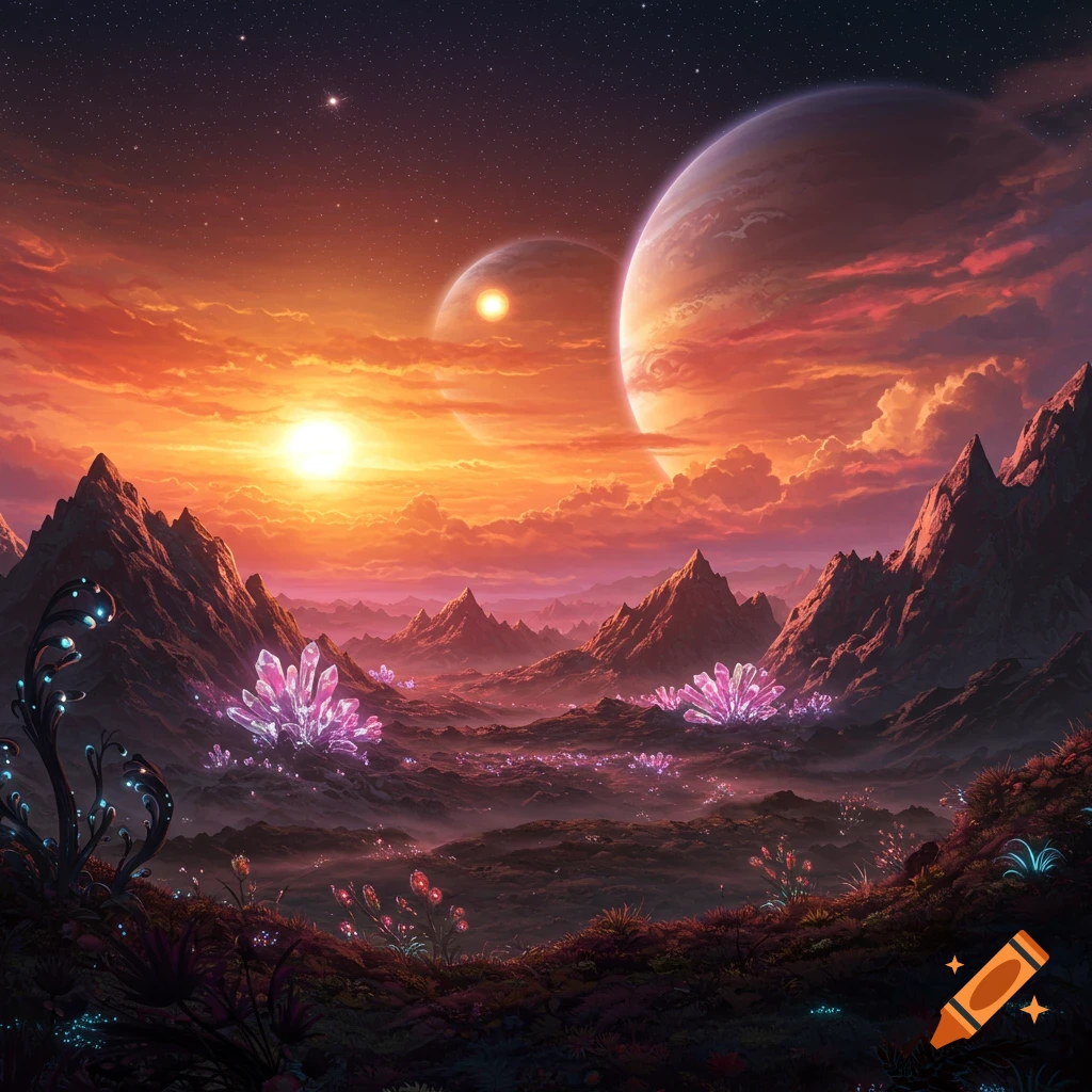 Vibrant exoplanet landscape with glowing crystals and flora, rugged mountains, and large planets in an orange and purple sunset sky.