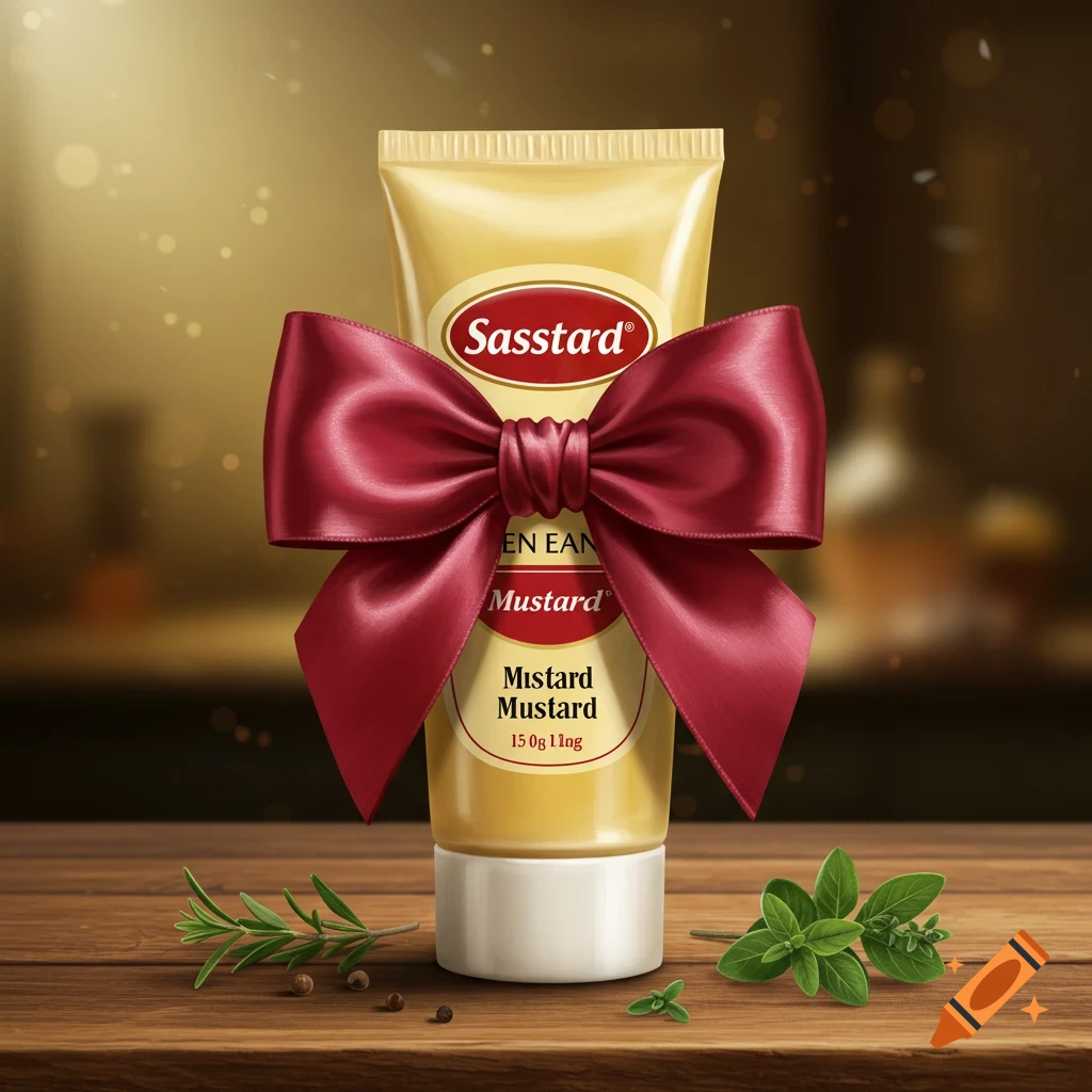A photorealistic image of a yellow mustard tube, wrapped with a red satin bow, standing on a wooden table with rosemary and mint.