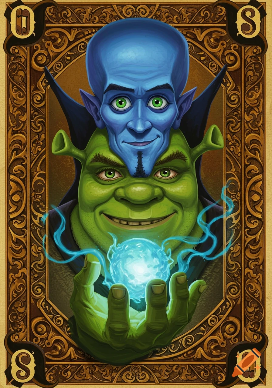 Megamind's head merged with Shrek's face and body, holding a glowing blue orb, depicted like an ornate playing card with 'OS' symbols.