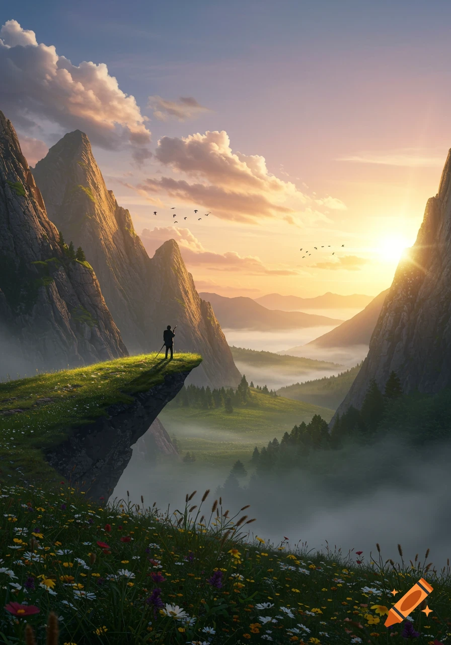 A lone figure stands on a grassy cliff edge overlooking a vast, misty mountain valley at a vibrant sunset.