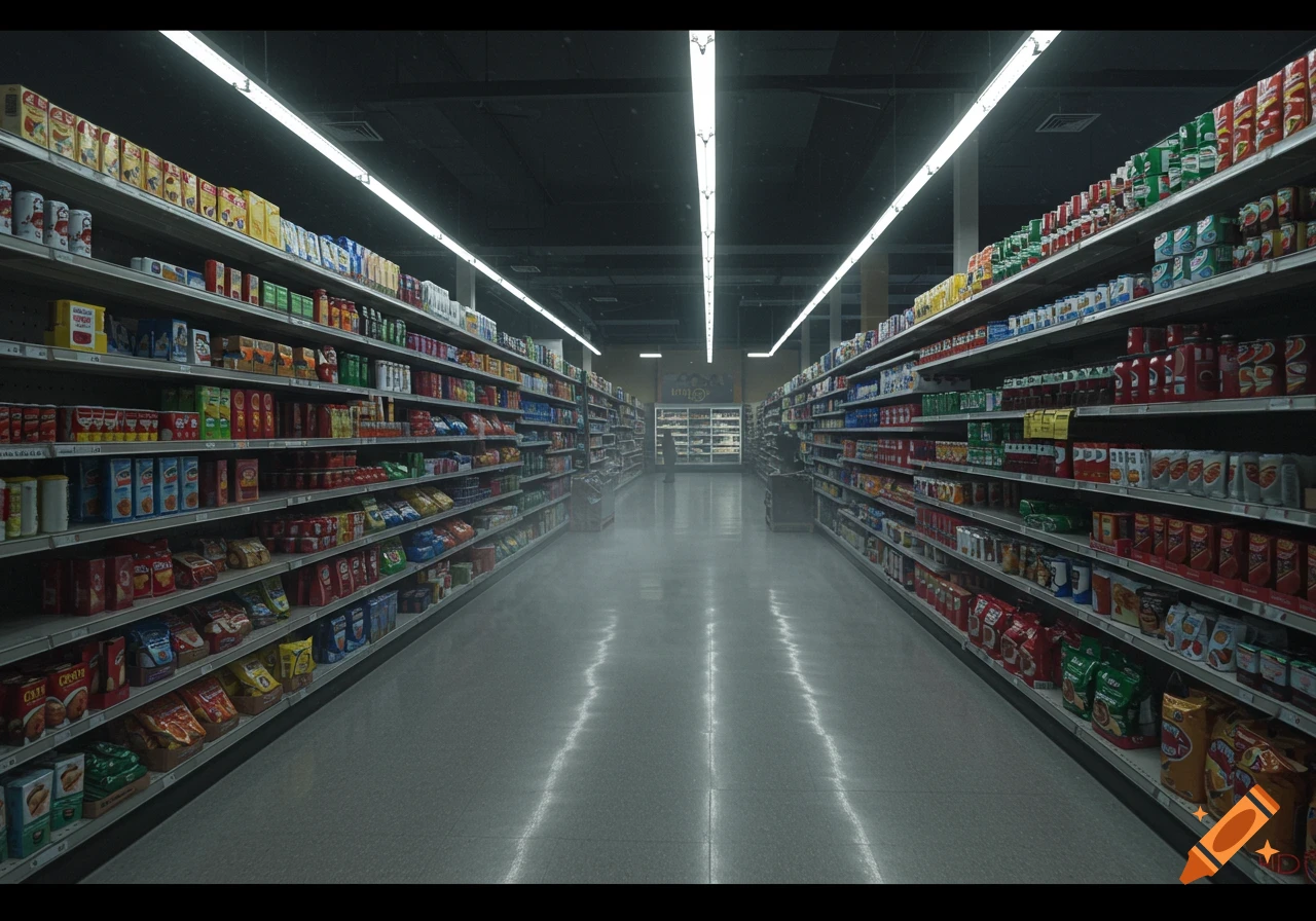A long, empty grocery store aisle with shelves full of products under bright fluorescent lights, creating a liminal atmosphere.