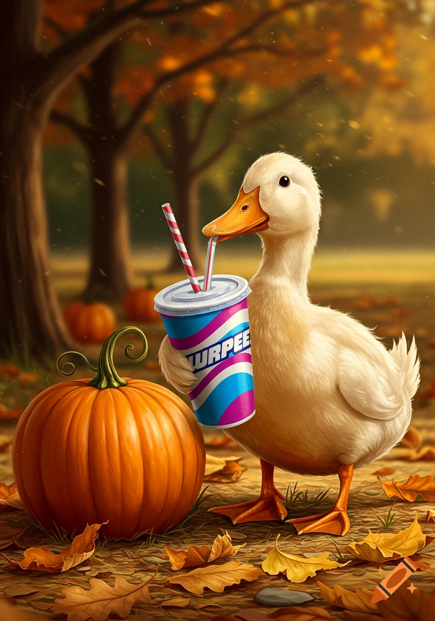 A cute duck holding a colorful "TURPEE" drink cup next to a pumpkin in an autumn forest scene with fallen leaves.