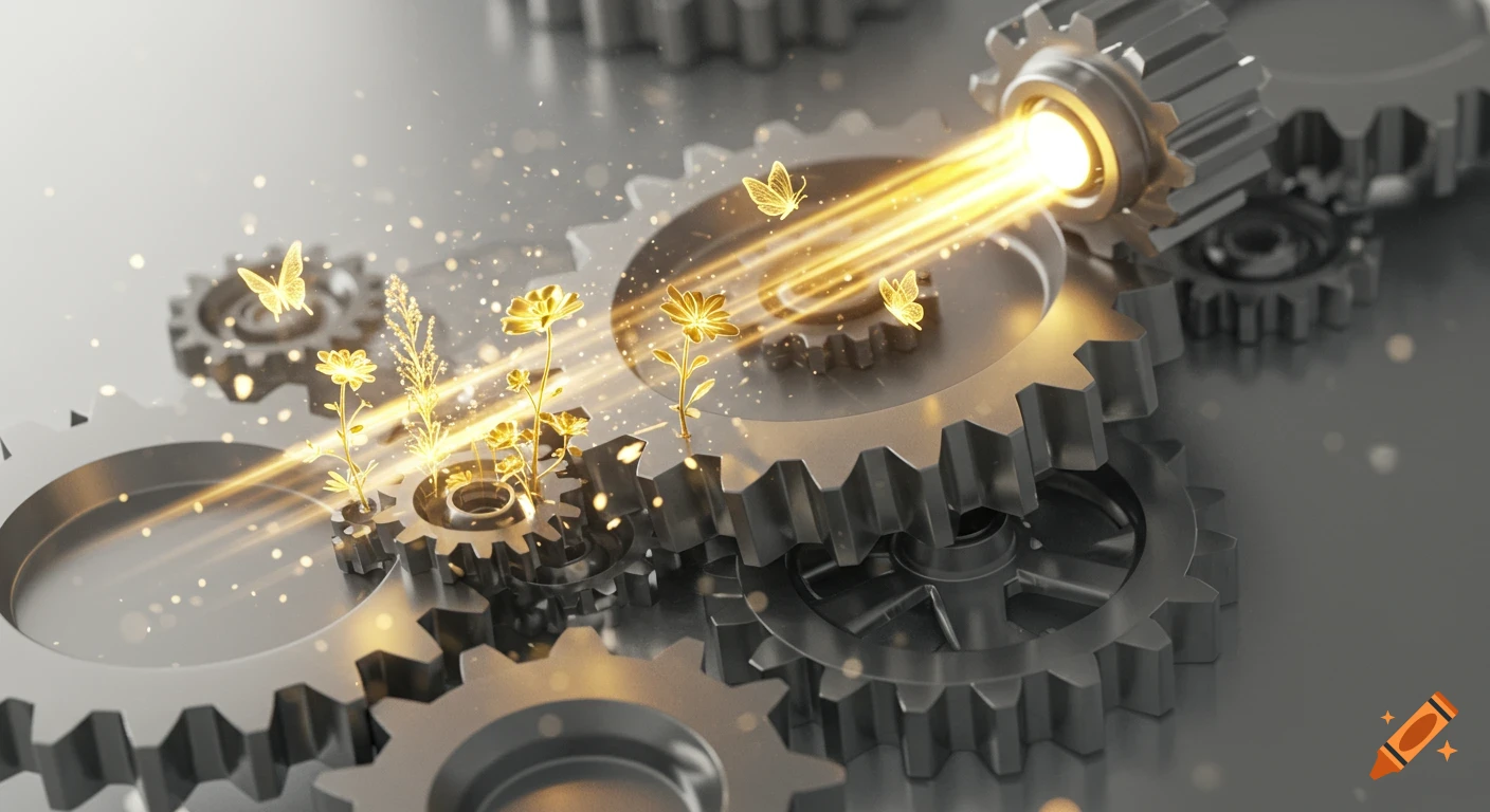 Interlocking metallic gears with a beam of golden light, glowing flowers, and butterflies emerging, symbolizing growth and teamwork in a 3D render.